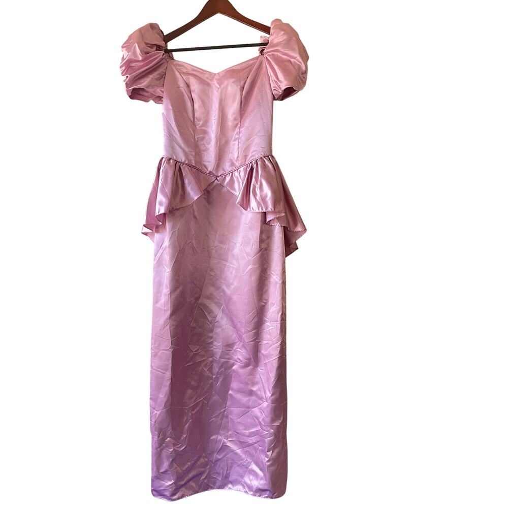 Vintage 80s peplum maxi Pink Satin Puff Sleeve Princess Prom Gown XS‎